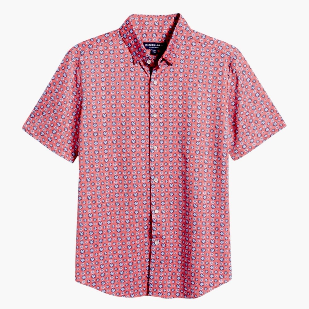 Mizzen + Main Short Sleeve Shirt Men Size‎ Medium Red Floral Halyard Performance